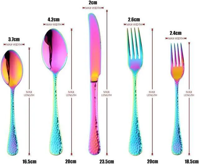 Alt view image 7 of 7 - 5-Piece Rainbow Silverware Flatware Set Service for 1 Stainless Steel Cutlery Set Include Dinner Knife Table Fork Table Spoon Salad Fork Tea Spoon for Wedding, Dishwasher Safe