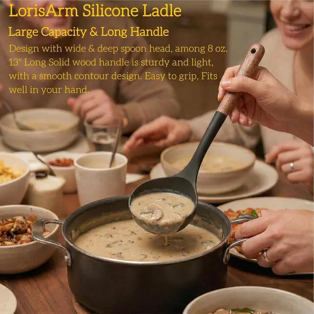 Alt view image 2 of 6 - LorisArm Large 13" Soup Ladle Spoon, 8 Ounce Wooden handle Silicone Ladle Spoons Non Stick Kitchen Utensils.