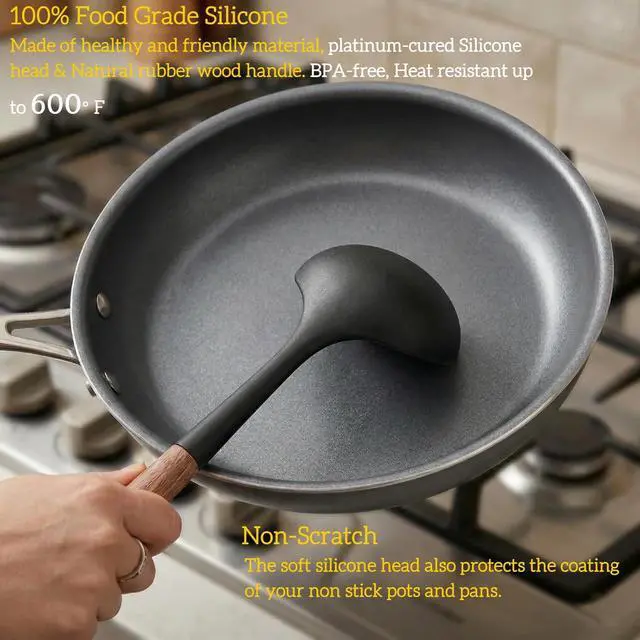 Alt view image 4 of 6 - LorisArm Large 13" Soup Ladle Spoon, 8 Ounce Wooden handle Silicone Ladle Spoons Non Stick Kitchen Utensils.