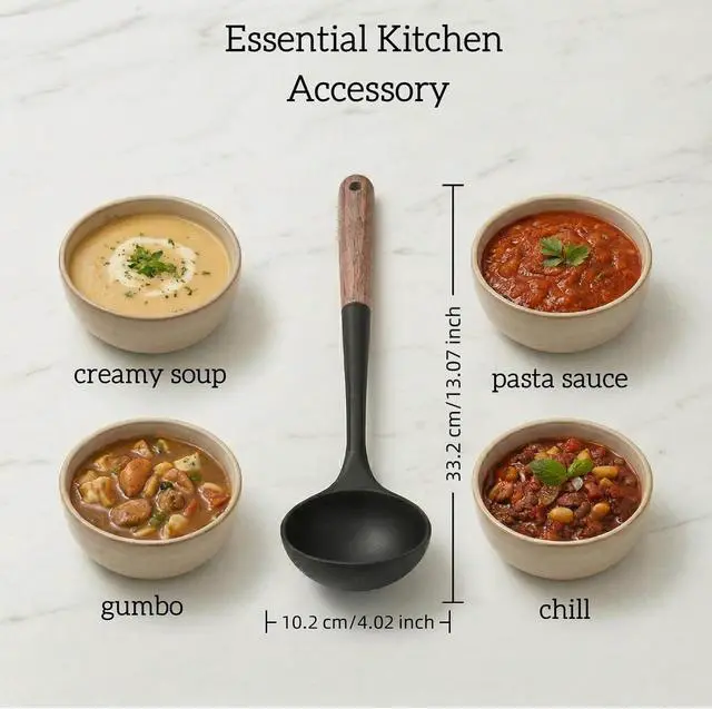 Alt view image 5 of 6 - LorisArm Large 13" Soup Ladle Spoon, 8 Ounce Wooden handle Silicone Ladle Spoons Non Stick Kitchen Utensils.