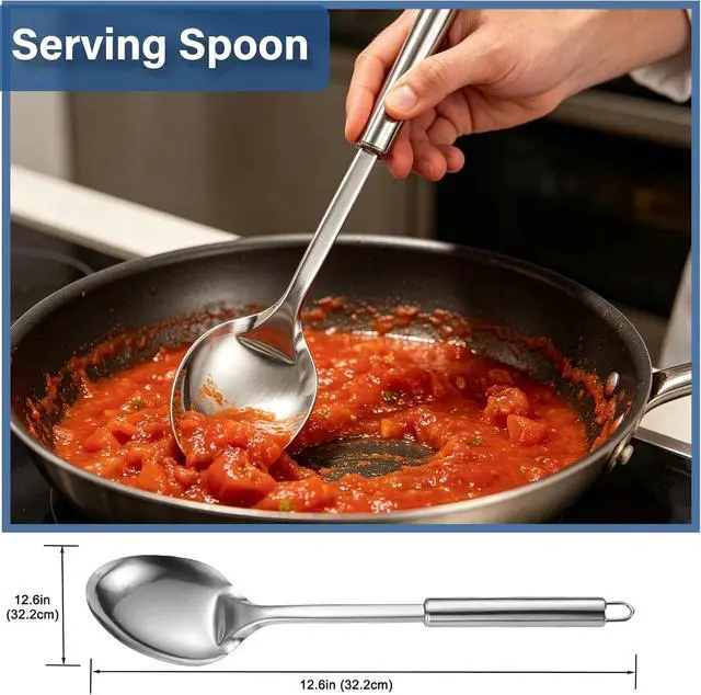 Alt view image 7 of 7 - Large Cooking Spoon and Pasta Fork Set, 2 Pack Stainless Steel Serving Spoon, Heat Resistant Kitchen Noodle Spoon for Cooking, Serving, Mixing and Spaghett