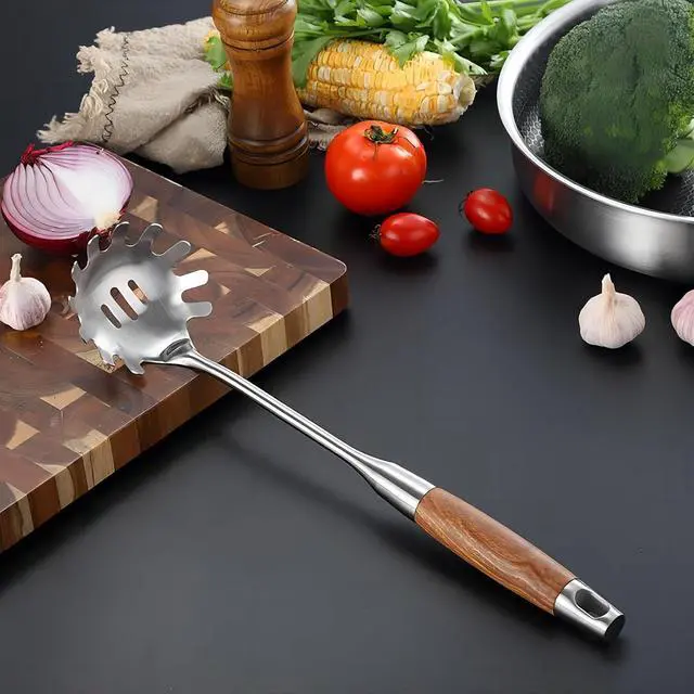 Alt view image 2 of 7 - Spaghetti Spoon Stainless Steel, Metal Pasta Spoon with Teeth, Wooden Handle Pasta Fork Noodle Scoop for Cooking - 14 Spaghetti Claw Server Utensil