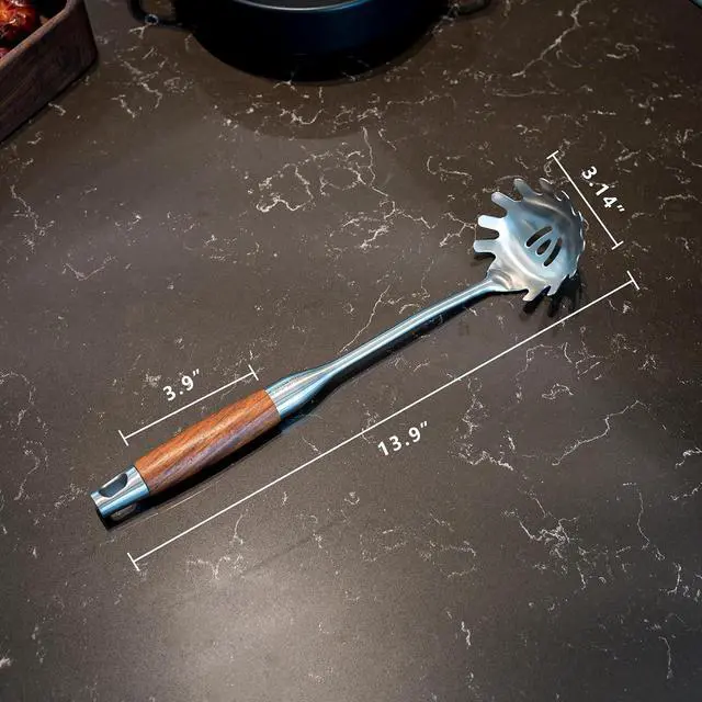Alt view image 7 of 7 - Spaghetti Spoon Stainless Steel, Metal Pasta Spoon with Teeth, Wooden Handle Pasta Fork Noodle Scoop for Cooking - 14 Spaghetti Claw Server Utensil