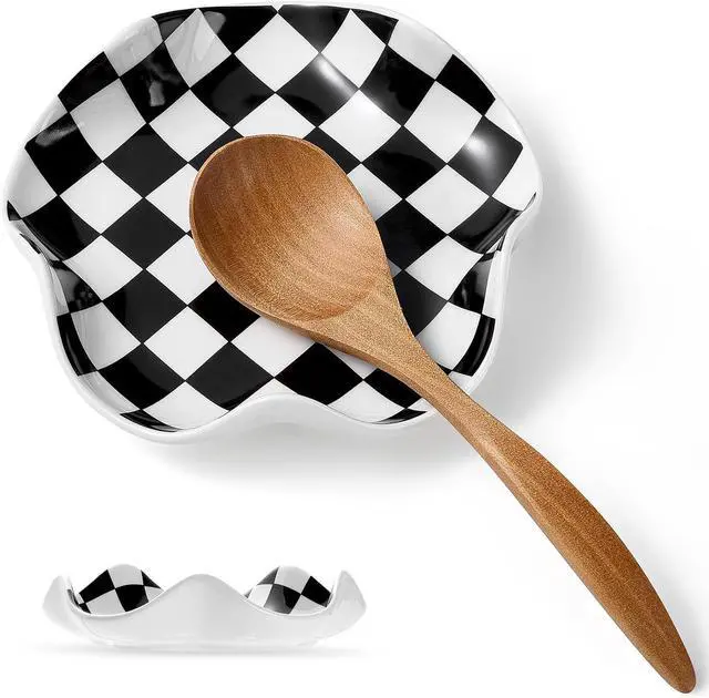 Main image of Qipecedm Ceramic Spoon Rest, 5.3in Black & White Pattern, Heat Resistant Cooking Spoon Holder for Kitchen Countertop, Stove Top, Spatula, Ladle, Coffee Spoon Rest