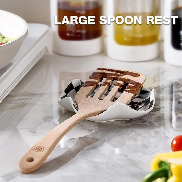 Alt view image 2 of 7 - Qipecedm Ceramic Spoon Rest, 5.3in Black & White Pattern, Heat Resistant Cooking Spoon Holder for Kitchen Countertop, Stove Top, Spatula, Ladle, Coffee Spoon Rest