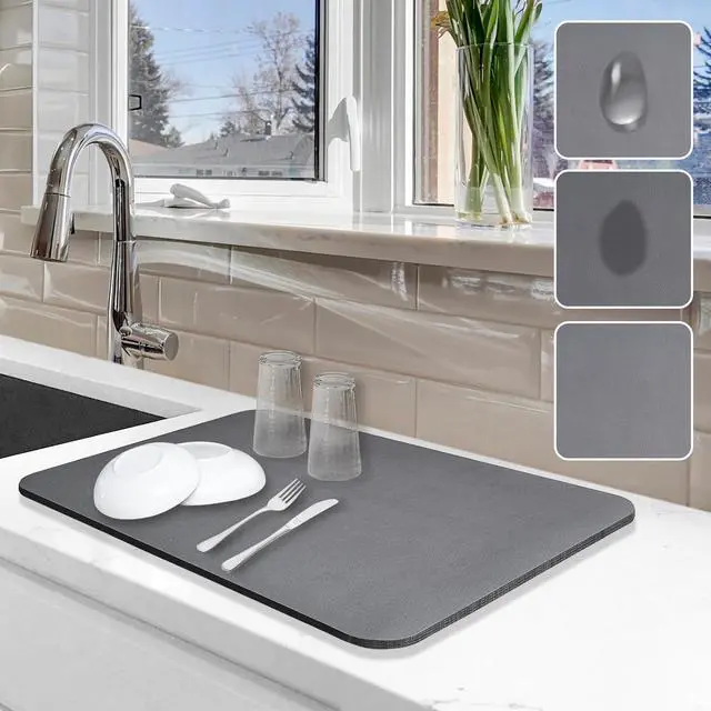 Main image of Dish Drying Mat for Kitchen Counter, 12"x19" Pad with Rubber Backed (Grey)