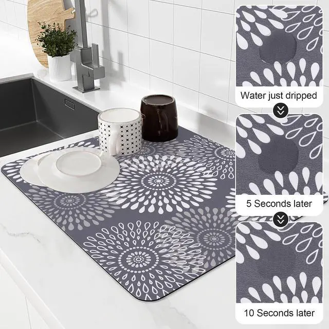 Alt view image 4 of 7 - Dish Drying Mat Absorbent Kitchen Counter Mat Rubber Backing Draining Mat