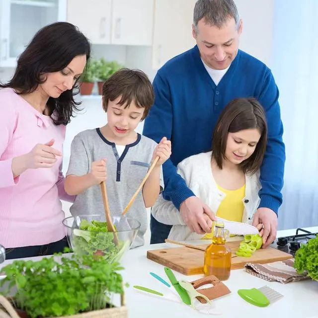 Alt view image 2 of 7 - Leking 8 Pcs Wooden Kitchen Knife Set for Kids - Includes Safe Knives, Serrated Plastic Knives, Potato Slicers, Sandwich Cutter, Peeler and Cutting Board