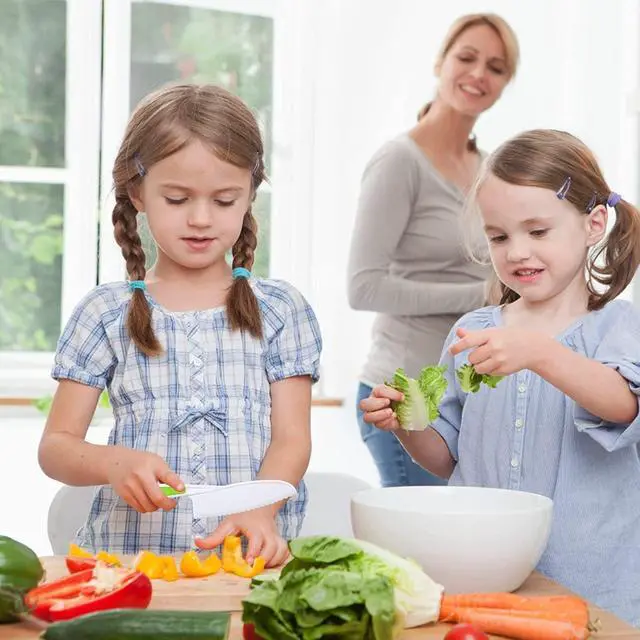 Alt view image 3 of 7 - Leking 8 Pcs Wooden Kitchen Knife Set for Kids - Includes Safe Knives, Serrated Plastic Knives, Potato Slicers, Sandwich Cutter, Peeler and Cutting Board