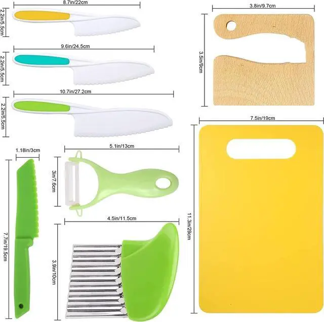 Alt view image 4 of 7 - Leking 8 Pcs Wooden Kitchen Knife Set for Kids - Includes Safe Knives, Serrated Plastic Knives, Potato Slicers, Sandwich Cutter, Peeler and Cutting Board