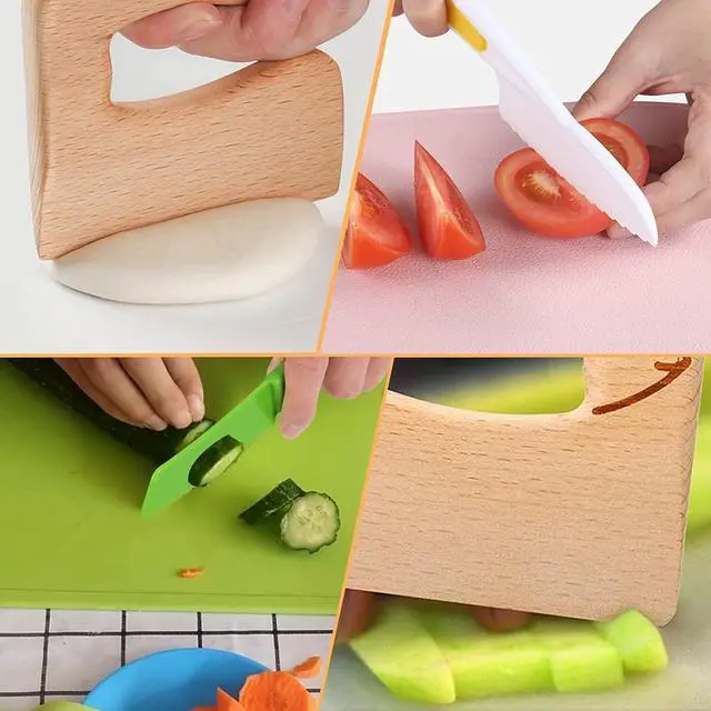Alt view image 5 of 7 - Leking 8 Pcs Wooden Kitchen Knife Set for Kids - Includes Safe Knives, Serrated Plastic Knives, Potato Slicers, Sandwich Cutter, Peeler and Cutting Board