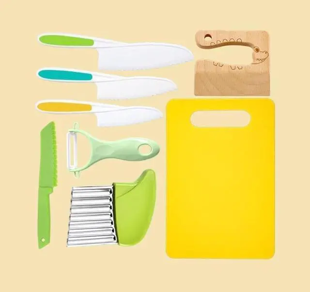 Alt view image 7 of 7 - Leking 8 Pcs Wooden Kitchen Knife Set for Kids - Includes Safe Knives, Serrated Plastic Knives, Potato Slicers, Sandwich Cutter, Peeler and Cutting Board