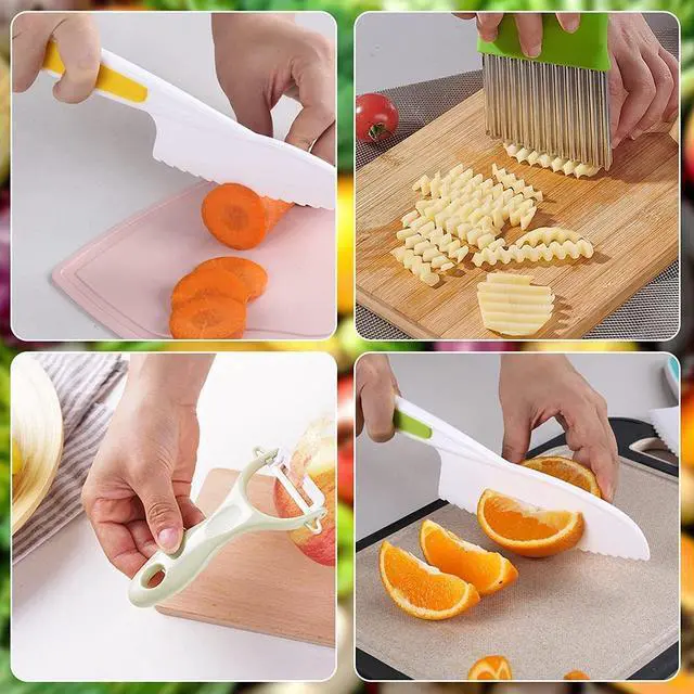 Alt view image 6 of 7 - Leking 8 Pcs Wooden Kitchen Knife Set for Kids - Includes Safe Knives, Serrated Plastic Knives, Potato Slicers, Sandwich Cutter, Peeler and Cutting Board