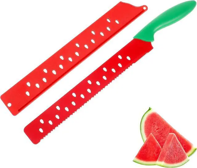 Main image of Watermelon Knife with Sleeve for Melon Cutting, Long Serrated Bread Lettuce Vegetable Knife, Kitchen Fruit Melon Tomato Cutter Slicer, with Cover for Home Summer Party Camping Outdoor (Red Green)