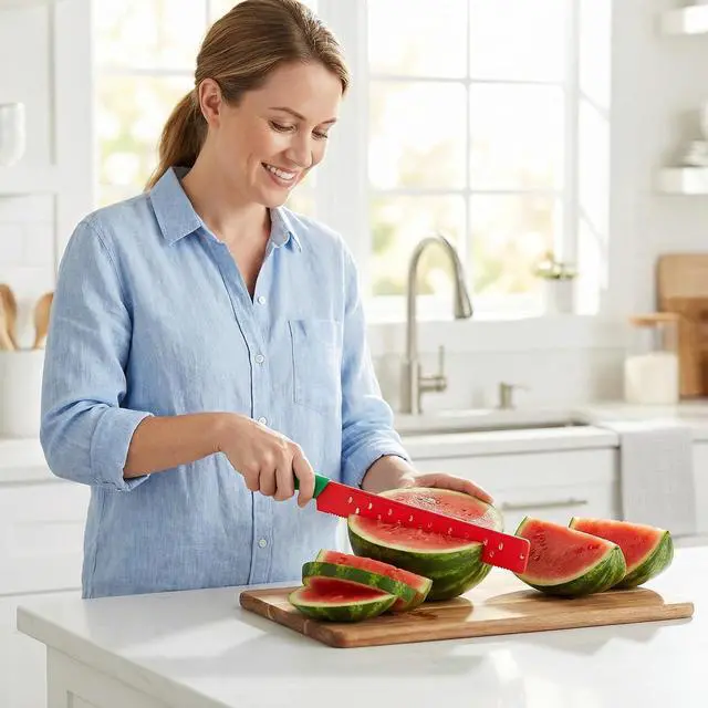 Alt view image 2 of 7 - Watermelon Knife with Sleeve for Melon Cutting, Long Serrated Bread Lettuce Vegetable Knife, Kitchen Fruit Melon Tomato Cutter Slicer, with Cover for Home Summer Party Camping Outdoor (Red Green)
