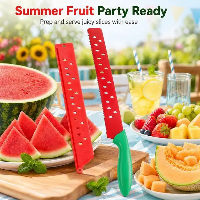 Alt view image 3 of 7 - Watermelon Knife with Sleeve for Melon Cutting, Long Serrated Bread Lettuce Vegetable Knife, Kitchen Fruit Melon Tomato Cutter Slicer, with Cover for Home Summer Party Camping Outdoor (Red Green)