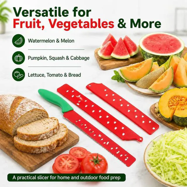 Alt view image 4 of 7 - Watermelon Knife with Sleeve for Melon Cutting, Long Serrated Bread Lettuce Vegetable Knife, Kitchen Fruit Melon Tomato Cutter Slicer, with Cover for Home Summer Party Camping Outdoor (Red Green)