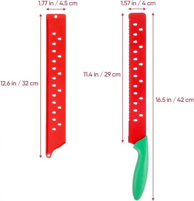 Alt view image 5 of 7 - Watermelon Knife with Sleeve for Melon Cutting, Long Serrated Bread Lettuce Vegetable Knife, Kitchen Fruit Melon Tomato Cutter Slicer, with Cover for Home Summer Party Camping Outdoor (Red Green)