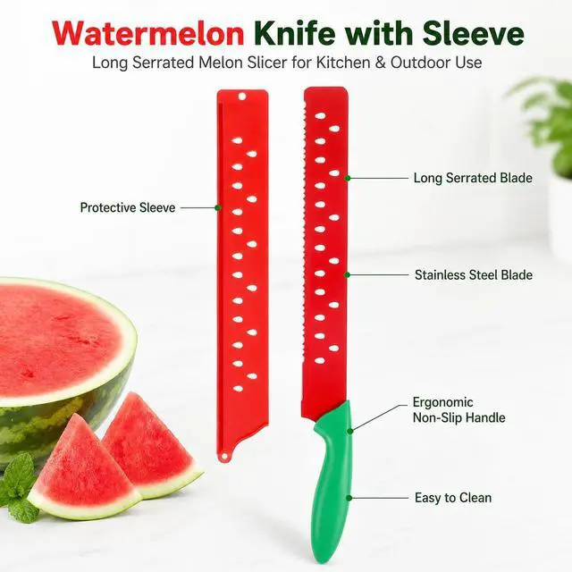 Alt view image 6 of 7 - Watermelon Knife with Sleeve for Melon Cutting, Long Serrated Bread Lettuce Vegetable Knife, Kitchen Fruit Melon Tomato Cutter Slicer, with Cover for Home Summer Party Camping Outdoor (Red Green)