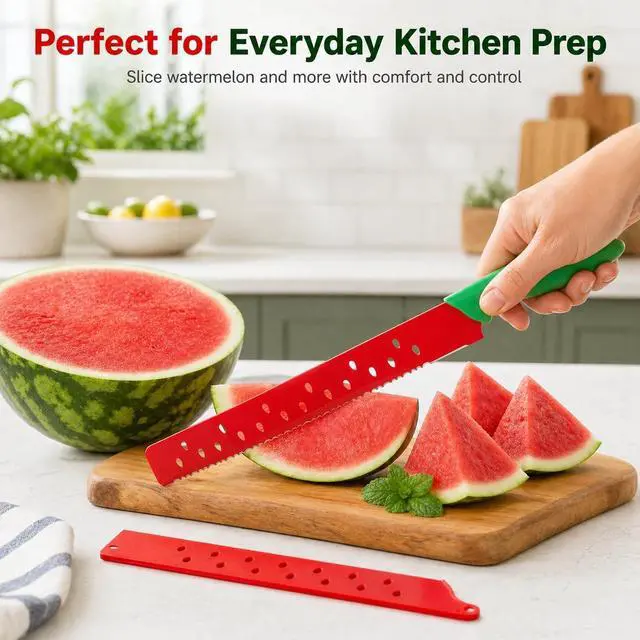 Alt view image 7 of 7 - Watermelon Knife with Sleeve for Melon Cutting, Long Serrated Bread Lettuce Vegetable Knife, Kitchen Fruit Melon Tomato Cutter Slicer, with Cover for Home Summer Party Camping Outdoor (Red Green)