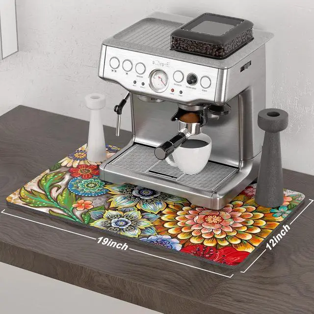 Alt view image 2 of 7 - Rnivvi Coffee Mat, 12" x 19" Cute Flower Theme Coffee Bar Mats for Espresso Machine Station Accessories and Organizer, Hide Stain Rubber Backed Absorbent Dish Drying Pad for Kitchen Counter, Mandala