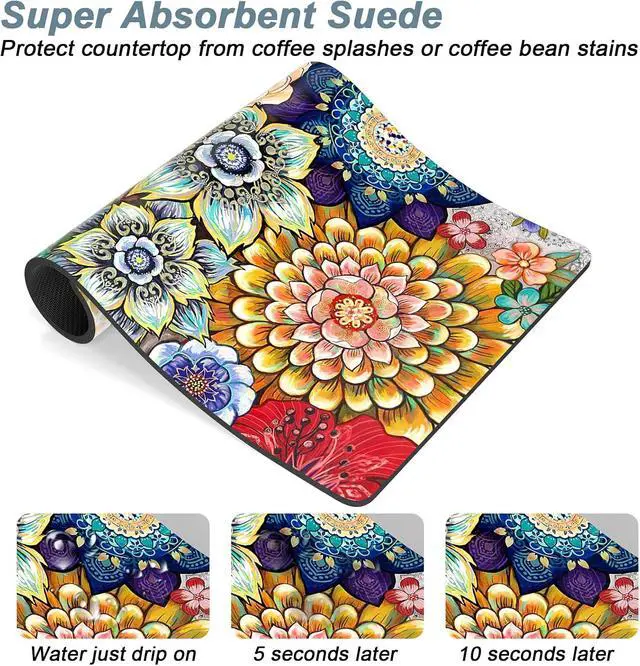 Alt view image 3 of 7 - Rnivvi Coffee Mat, 12" x 19" Cute Flower Theme Coffee Bar Mats for Espresso Machine Station Accessories and Organizer, Hide Stain Rubber Backed Absorbent Dish Drying Pad for Kitchen Counter, Mandala