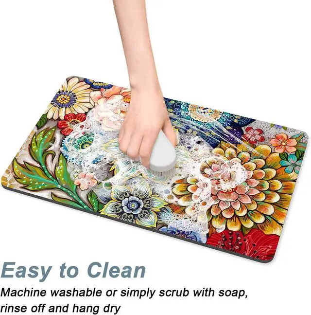 Alt view image 5 of 7 - Rnivvi Coffee Mat, 12" x 19" Cute Flower Theme Coffee Bar Mats for Espresso Machine Station Accessories and Organizer, Hide Stain Rubber Backed Absorbent Dish Drying Pad for Kitchen Counter, Mandala