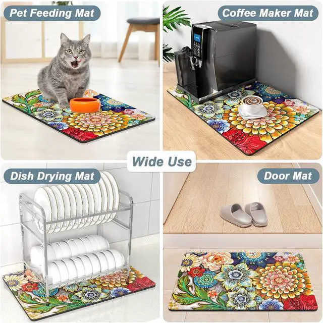 Alt view image 7 of 7 - Rnivvi Coffee Mat, 12" x 19" Cute Flower Theme Coffee Bar Mats for Espresso Machine Station Accessories and Organizer, Hide Stain Rubber Backed Absorbent Dish Drying Pad for Kitchen Counter, Mandala