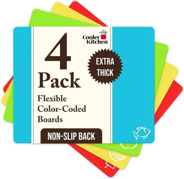 Main image of Cooler Kitchen 4 Piece Flexible Plastic Cutting Boards for Kitchen, BPA Free Plastic Cutting Mats For Kitchen - Extra Thick Chopping Mats - Mats Color Coded with Food Icons - Non Slip Dishwasher Safe