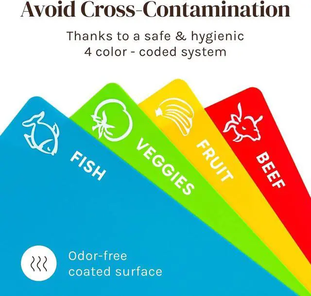 Alt view image 4 of 7 - Cooler Kitchen 4 Piece Flexible Plastic Cutting Boards for Kitchen, BPA Free Plastic Cutting Mats For Kitchen - Extra Thick Chopping Mats - Mats Color Coded with Food Icons - Non Slip Dishwasher Safe