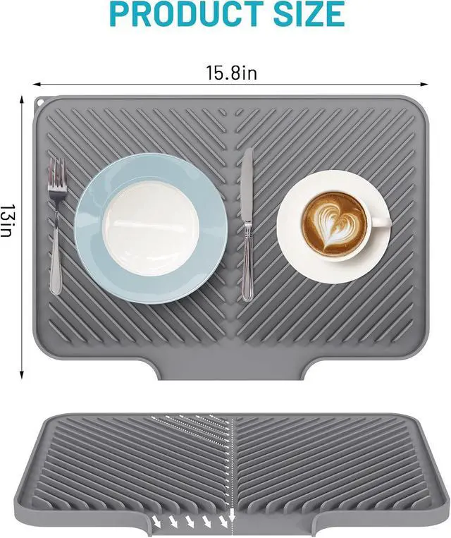 Alt view image 2 of 7 - Dish Drying Mat Kitchen Counter - Silicone Dish Drying Pad with Built-in Drain for Sink, Refrigerator and Drawer liner, Easy Clean, Non-Slip, Heat Resistant, 15.8" x 13"