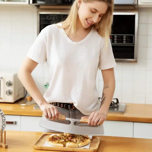 Alt view image 2 of 6 - Pizza Cutter Rocker with Wooden Handles & Protective Cover by ZOCY, 14" Sharp Stainless Steel Pizza Slicer Wheel, Big Pizza Knife Cutters for Kitchen Tool (14inch)