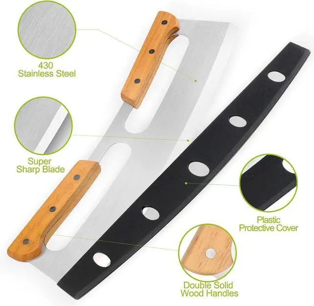 Alt view image 4 of 6 - Pizza Cutter Rocker with Wooden Handles & Protective Cover by ZOCY, 14" Sharp Stainless Steel Pizza Slicer Wheel, Big Pizza Knife Cutters for Kitchen Tool (14inch)