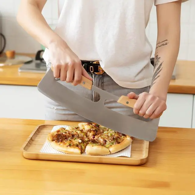 Alt view image 5 of 6 - Pizza Cutter Rocker with Wooden Handles & Protective Cover by ZOCY, 14" Sharp Stainless Steel Pizza Slicer Wheel, Big Pizza Knife Cutters for Kitchen Tool (14inch)