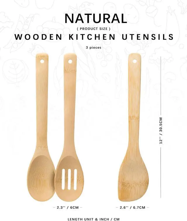 Alt view image 2 of 5 - Wooden Spoons for Cooking, 3-Piece Bamboo Cooking Utensil Set