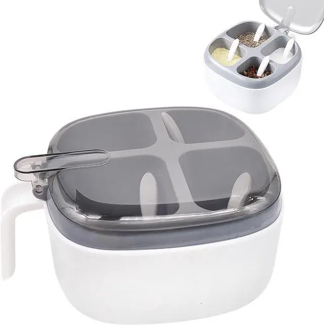 Main image of Seasoning Box with Lid and Spoon, 4 Compartment Spice Pots with Handle, Home Kitchen Condiment Jars for Sugar Salt Pepper