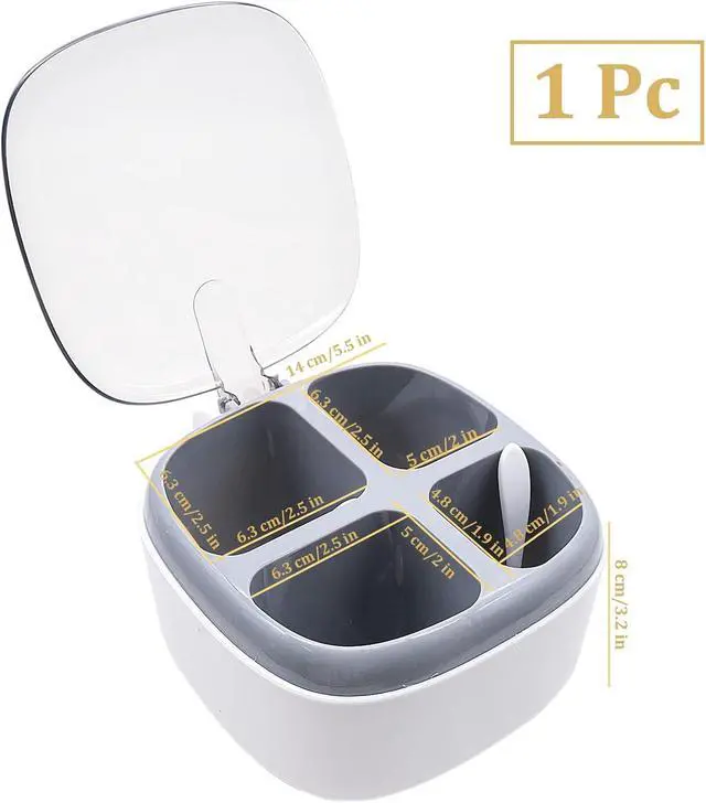 Alt view image 2 of 7 - Seasoning Box with Lid and Spoon, 4 Compartment Spice Pots with Handle, Home Kitchen Condiment Jars for Sugar Salt Pepper