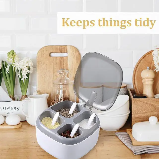 Alt view image 5 of 7 - Seasoning Box with Lid and Spoon, 4 Compartment Spice Pots with Handle, Home Kitchen Condiment Jars for Sugar Salt Pepper