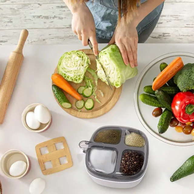 Alt view image 7 of 7 - Seasoning Box with Lid and Spoon, 4 Compartment Spice Pots with Handle, Home Kitchen Condiment Jars for Sugar Salt Pepper