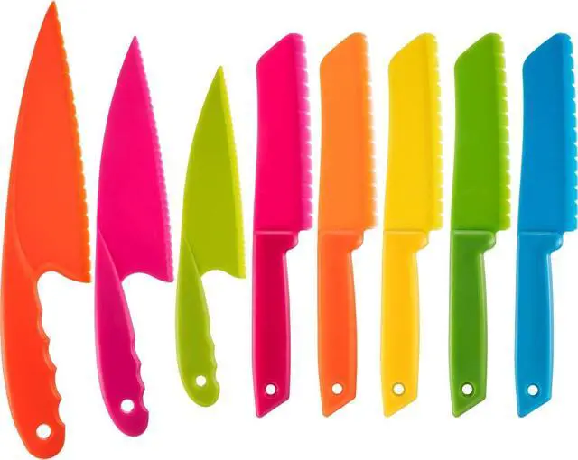 Main image of JOVITEC 8 Pcs Kid Cooking Kitchen Knife Set, Plastic Serrated Edges Children's Safe Chef Nylon Knives for Cutting Fruit Bread Cake Salad Lettuce Kids Cooking Supply(Multi Colors Square Knife)