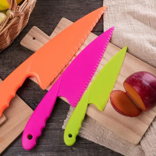 Alt view image 4 of 7 - JOVITEC 8 Pcs Kid Cooking Kitchen Knife Set, Plastic Serrated Edges Children's Safe Chef Nylon Knives for Cutting Fruit Bread Cake Salad Lettuce Kids Cooking Supply(Multi Colors Square Knife)