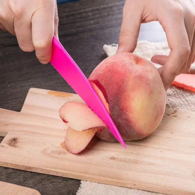 Alt view image 6 of 7 - JOVITEC 8 Pcs Kid Cooking Kitchen Knife Set, Plastic Serrated Edges Children's Safe Chef Nylon Knives for Cutting Fruit Bread Cake Salad Lettuce Kids Cooking Supply(Multi Colors Square Knife)