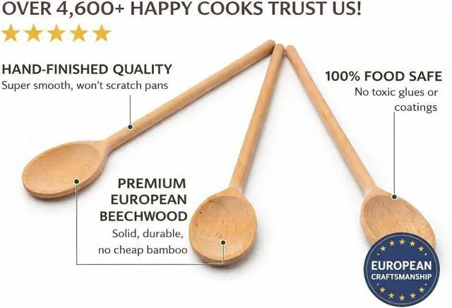 Alt view image 2 of 7 - 3-Piece Wooden Spoons for Cooking & Baking, 12-Inch European Beechwood Mixing Spoons, Sourdough Bread Baking Tools, Heat-Resistant Wood Kitchen Utensils, Nonstick Safe, Housewarming Gift