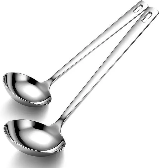 Main image of Kyraton 2 Piece Soup Ladle Set, 11.8" Large & 9.6" Small Stainless Steel Ladles, One-Piece Ergonomic Cooking Spoons, Dishwasher Safe Heavy Duty Serving Utensils for Home Kitchen Soup Sauce Noodle