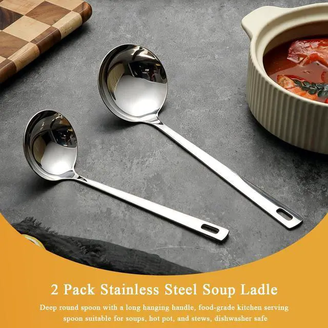 Alt view image 3 of 7 - Kyraton 2 Piece Soup Ladle Set, 11.8" Large & 9.6" Small Stainless Steel Ladles, One-Piece Ergonomic Cooking Spoons, Dishwasher Safe Heavy Duty Serving Utensils for Home Kitchen Soup Sauce Noodle
