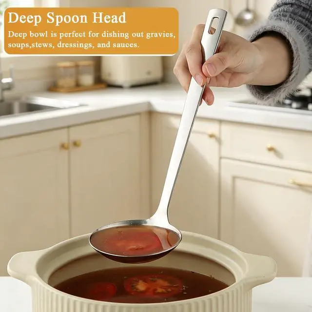 Alt view image 4 of 7 - Kyraton 2 Piece Soup Ladle Set, 11.8" Large & 9.6" Small Stainless Steel Ladles, One-Piece Ergonomic Cooking Spoons, Dishwasher Safe Heavy Duty Serving Utensils for Home Kitchen Soup Sauce Noodle