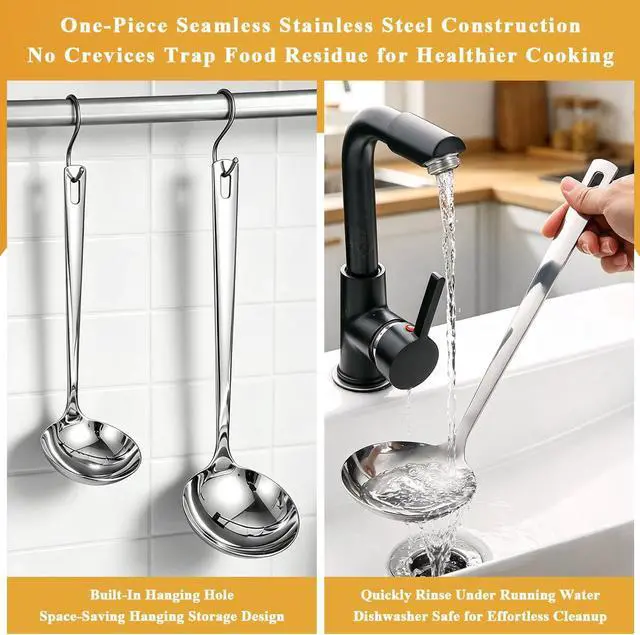 Alt view image 6 of 7 - Kyraton 2 Piece Soup Ladle Set, 11.8" Large & 9.6" Small Stainless Steel Ladles, One-Piece Ergonomic Cooking Spoons, Dishwasher Safe Heavy Duty Serving Utensils for Home Kitchen Soup Sauce Noodle