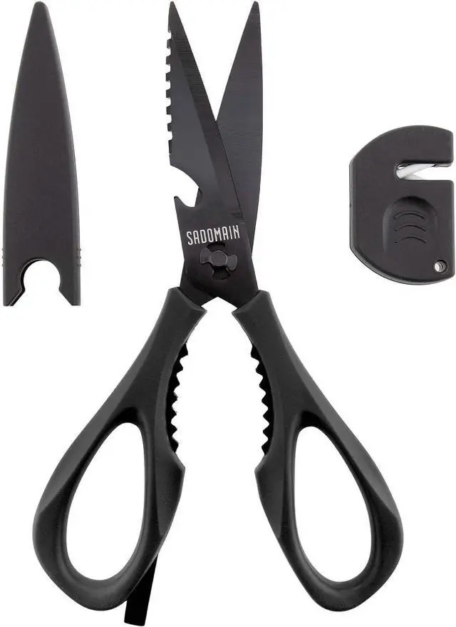 Main image of Kitchen Scissors All Purpose, Extra Sharp Kitchen Shears with Knife Sharpener & Sheath, Solid & Durable Stainless Steel Scissors with ANTI-RUST Black Titanium Plated, Dishwasher Safe Black