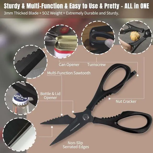 Alt view image 6 of 7 - Kitchen Scissors All Purpose, Extra Sharp Kitchen Shears with Knife Sharpener & Sheath, Solid & Durable Stainless Steel Scissors with ANTI-RUST Black Titanium Plated, Dishwasher Safe Black