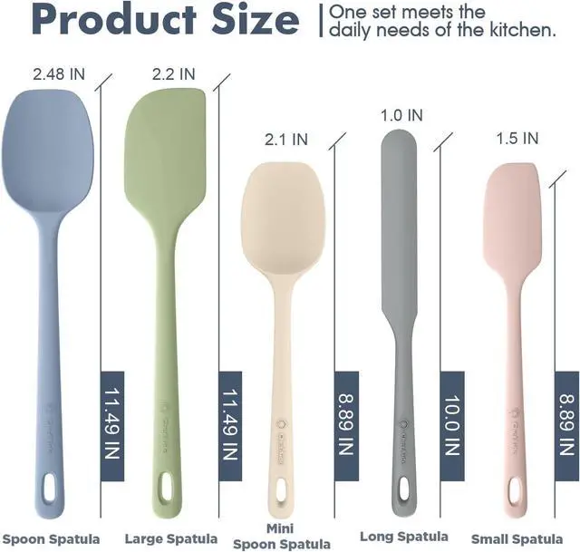 Alt view image 2 of 7 - ChefAide 5 Pieces Silicone Spatula Set, Food Grade Rubber Spatula, Upgrade Strong Handle with Ergonomic Grip, Heat Resistant Up to 600°F for Nonstick Cookware, Cooking